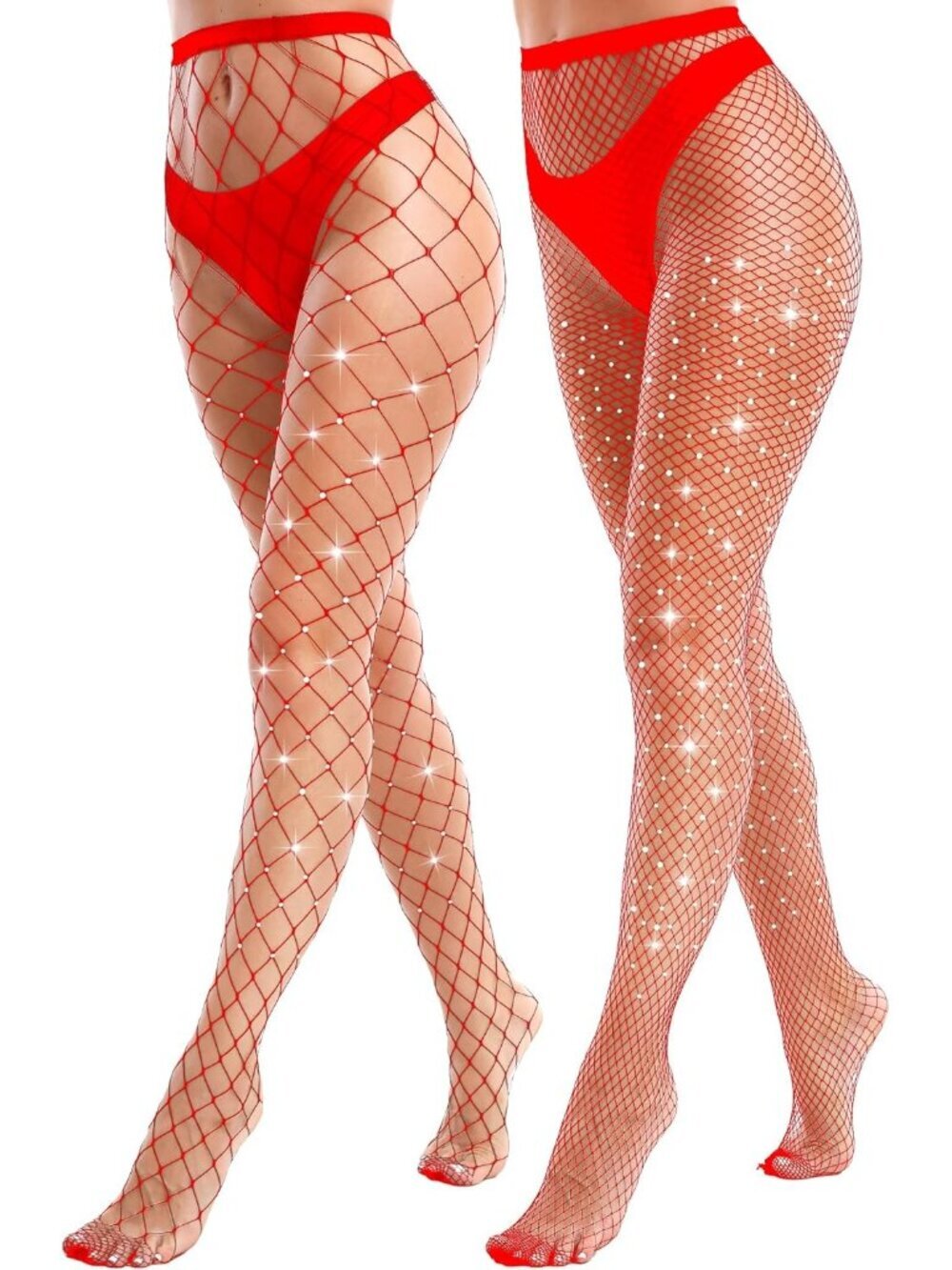 Women's Red 2 Pack Sparkly Glitter Rhinestone Mesh Fishnet Stockings Tights